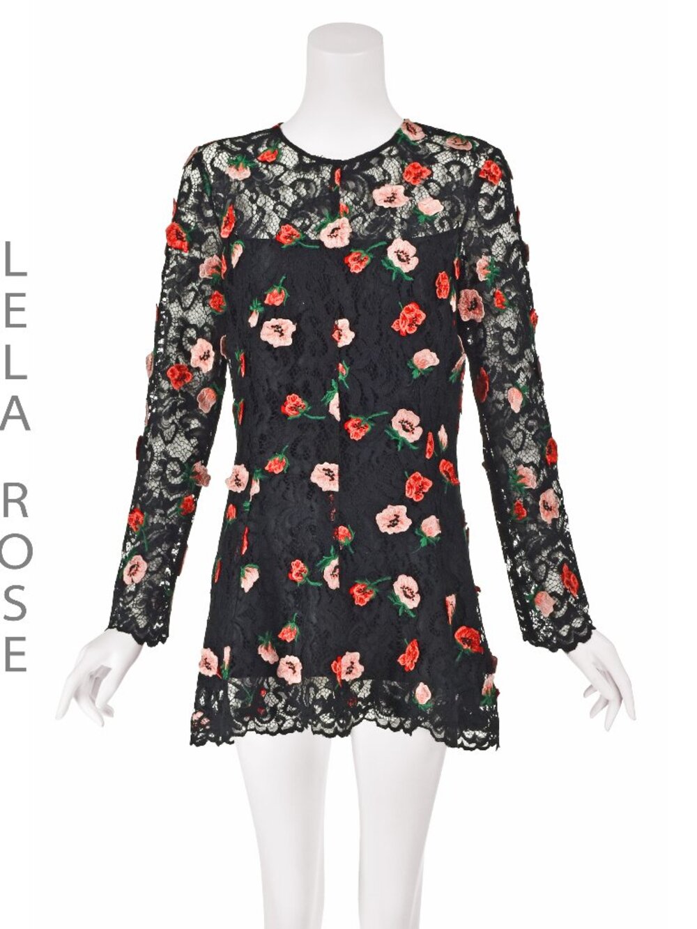 LELA ROSE Vintage Black Lace Mini Dress w/Red & Pink Floral Appliques SZ10